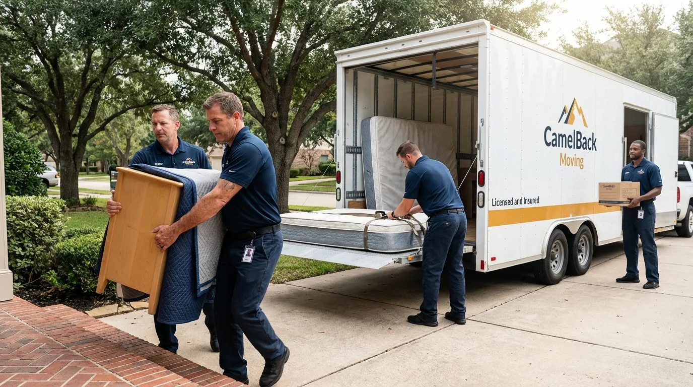 Crew loading residential truck for cross-state move from Baldwin, LA