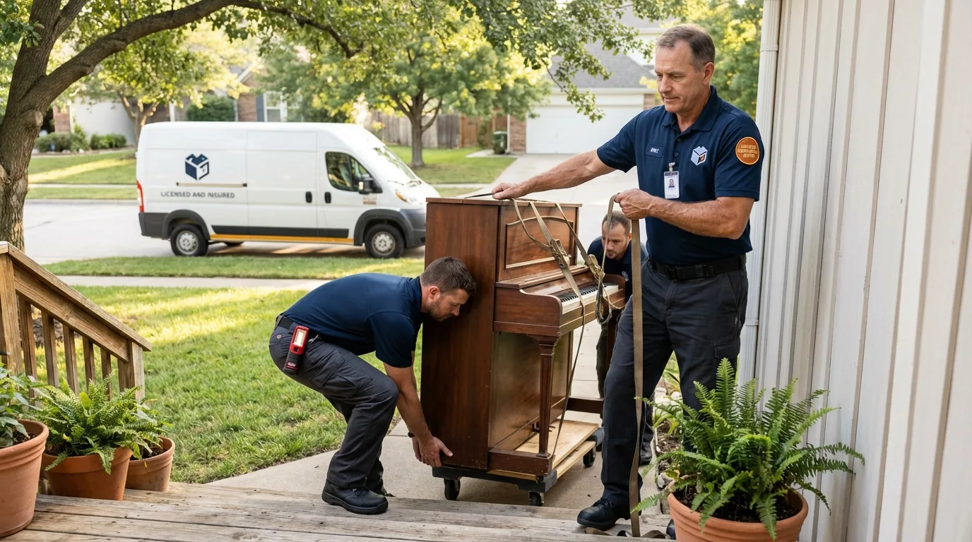 Licensed piano movers securing grand piano in Baldwin, LA