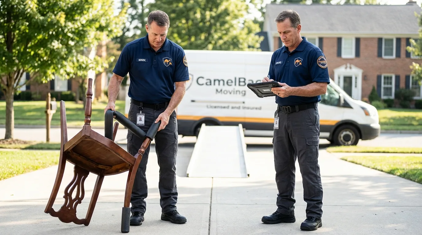 Movers inspecting furniture for damage prevention before loading in Baldwin, LA
