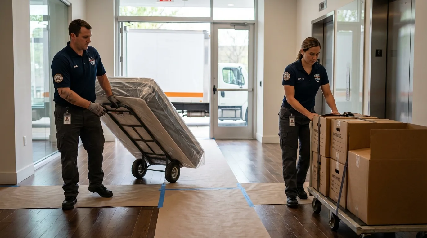 Professional apartment movers loading elevator in Baldwin, LA